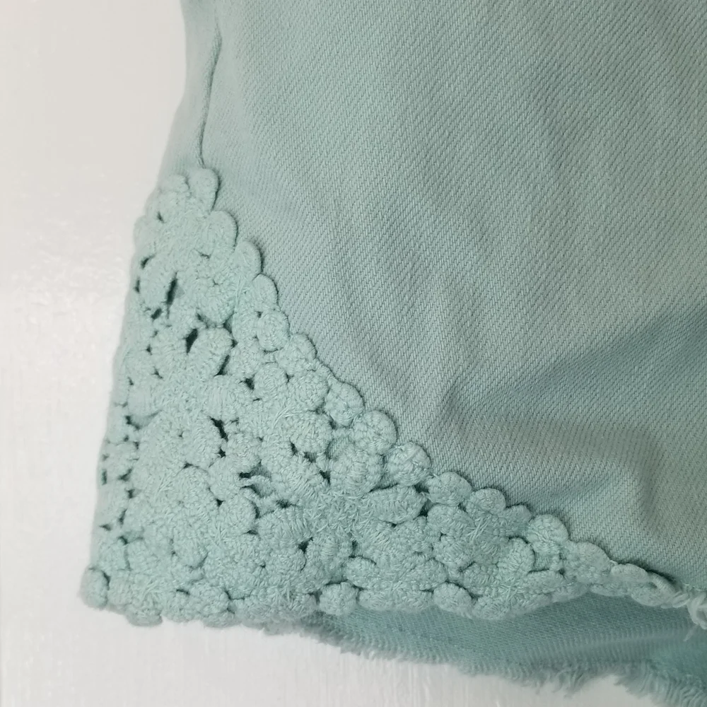Size 16 Mint Blue Green Old Navy Girl's Jean Shorts with Boho Crochet Trim